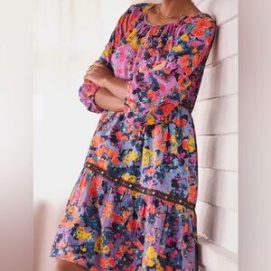 By Anthropologie Tiered Puff-Sleeve Dress in Pink/Purple Green Size XS
